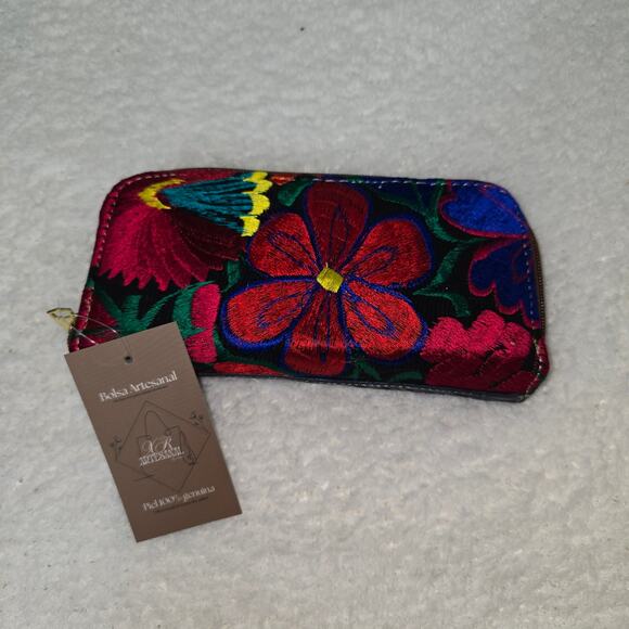 Handmade Mexican Black Embossed Leather Wallet with Floral Embroidery - Picture 1 of 5